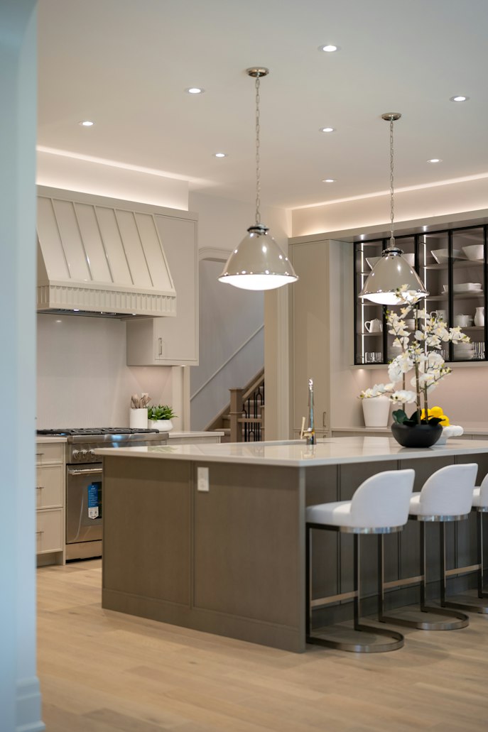 Pendant lights above a kitchen island