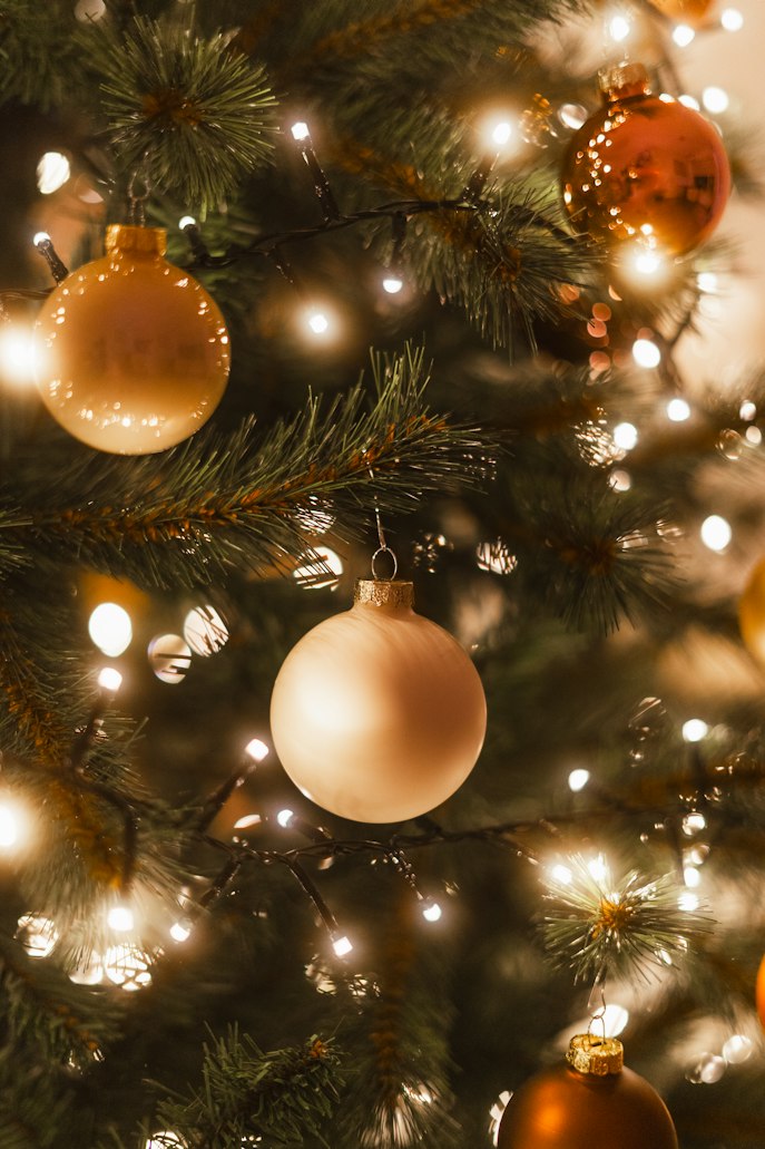 Decorated Christmas tree with warm lights
