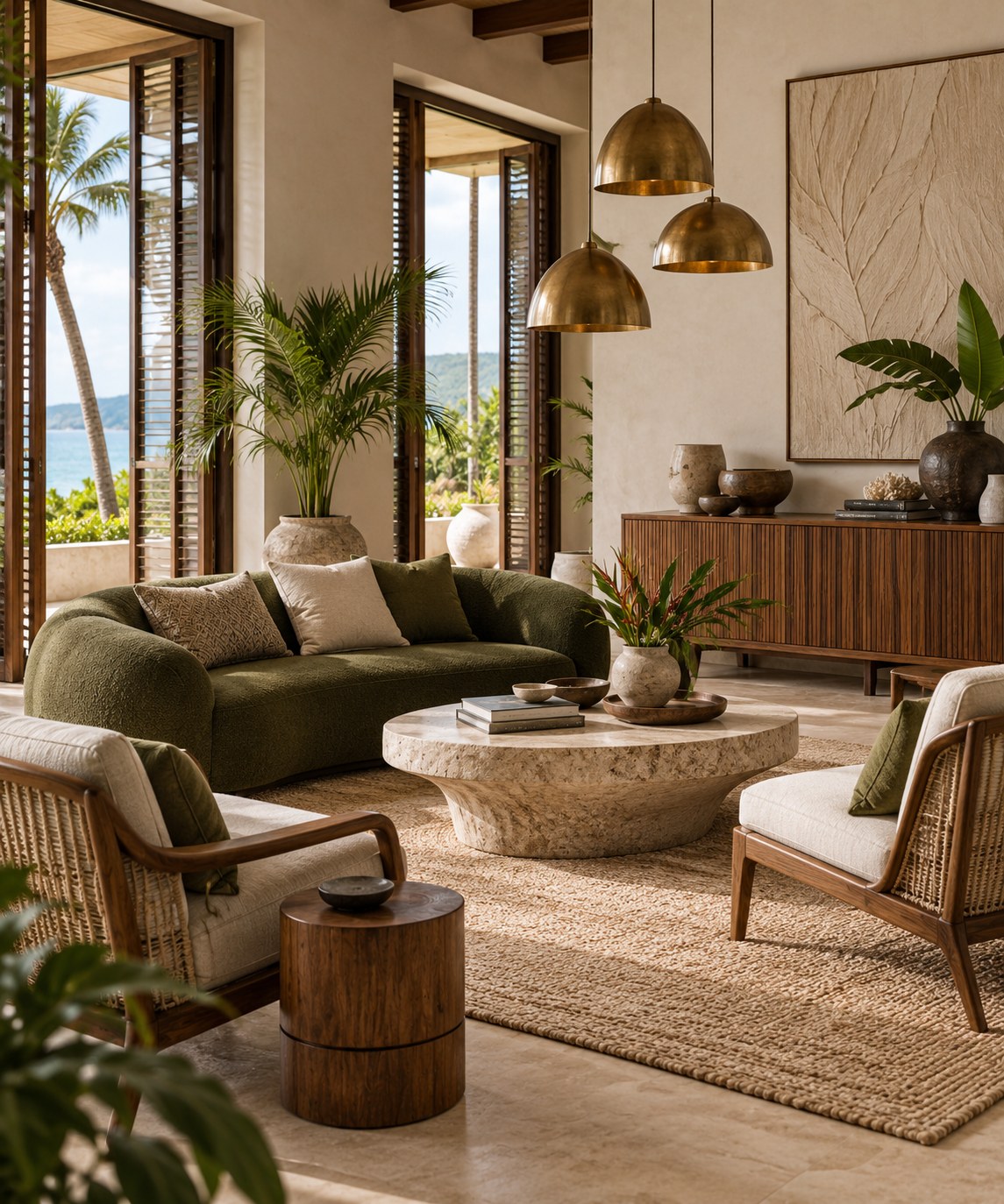 Illustrative Caribbean lounge with curated furnishings, brass lighting and décor